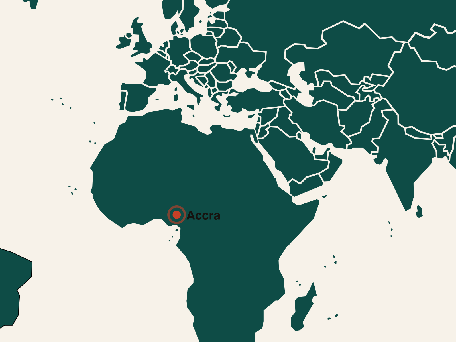 Map centred on Africa with Accra, Ghana marked, showing reach across the continent and beyond